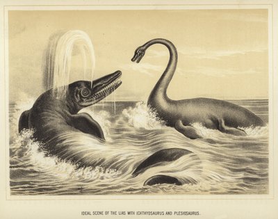 Idealisk scen för Lias med Ichthyosaurus och Plesiosaurus av English School