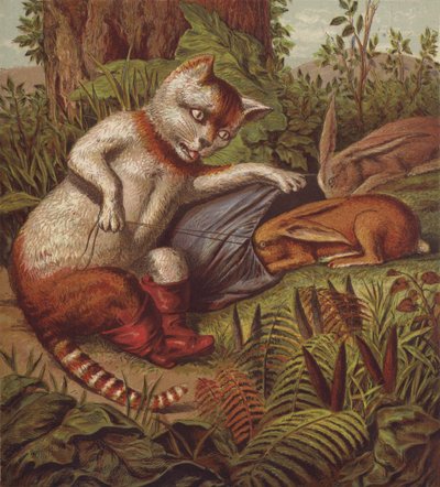 Illustration för Puss in Boots (färg litho) av English School