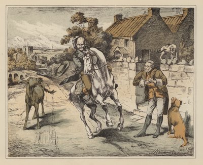 Illustration till The Diverting History of John Gilpin av William Cowper (färglitografi) av English School