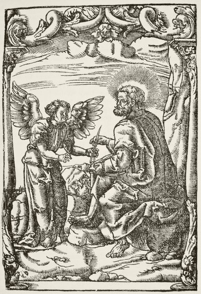 Illustration från början av Tyndales första engelska översättning av Nya testamentet, publicerad i Köln 1525, från The National and Domestic History of England av William Hickman Smith Aub av English School
