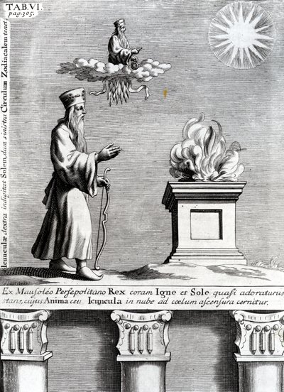 Illustration av Zoroaster som dyrkar elden och solen, 1697 av English School
