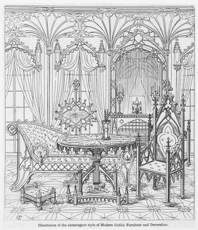 Illustration av den extravaganta stilen av moderna gotiska möbler och dekorationer, från True Principles of Pointed of Christian Architecture, av Augustus Welby Pugin (1812-52) av English School