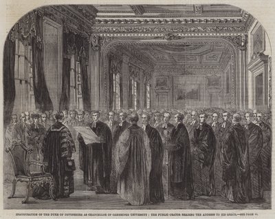 Invigning av hertigen av Devonshire som kansler vid Cambridge University, den offentliga talaren som läser Address to His Grace (gravyr) av English School