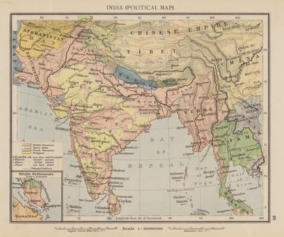 Indien, politisk karta (färglitografi) av English School