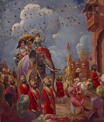 Indisk procession med elefant, målning av Sobha Singh, från Indian Supplement of Illustrated London News av English School