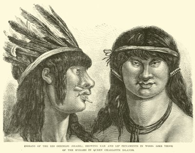 Indianer från Rio Oermejo (Brasilien), som visar öron- och läppprydnader i trä, som de från Hydahs på Queen Charlotte Islands av English School