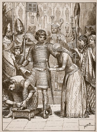 Initiering i riddarordningen, illustration från Cassells Illustrated History of England (sepiafoto) av English School