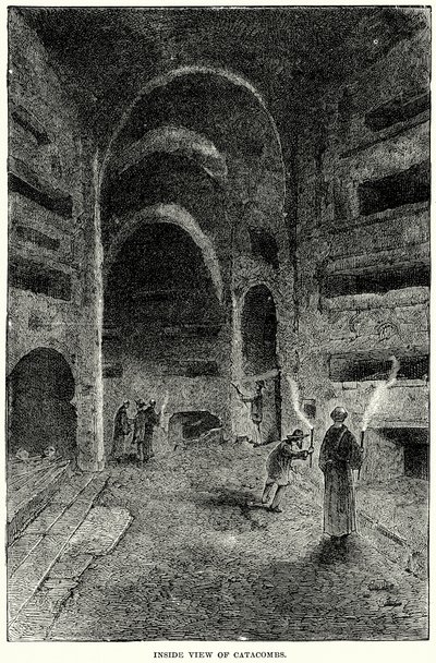 Invändig vy av katakomberna (gravyr) av English School