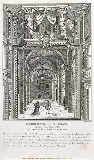 Insidan av Dukes Theatre, London, graverad av Richard Sawyer, 1820 av English School