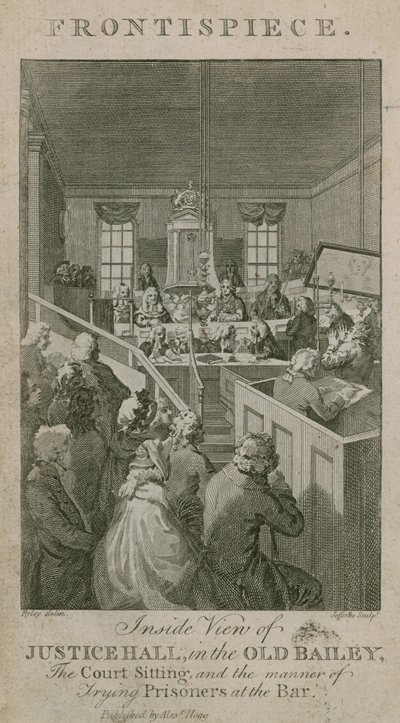 Inneifrån av Justice Hall i Old Bailey, domstolens sammanträde och sättet att döma fångar i baren av English School