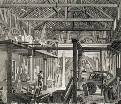 Interiörvy av John Bunyans möteshus i Zoar Street, Gravel Lane, Southwark, använd som verkstad och sågverk, ca 1822 (se även 190619) av English School