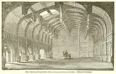 Innenraum von Crosby Hall, bevor sie in ihren jetzigen Zustand versetzt wurde (15. Jahrhundert) von English School