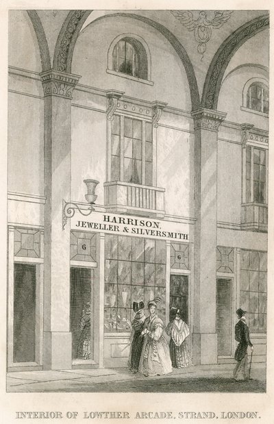 Interiör av Lowther Arcade, Strand, London, med Harrison, juvelerare och silversmed av English School