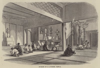 Interiör från ett japanskt tempel (gravyr) av English School