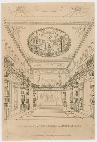 Interiör av det stora rummet i Egyptian Hall, Piccadilly av English School