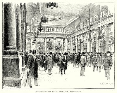Interiör från Royal Exchange, Manchester (gravyr) av English School