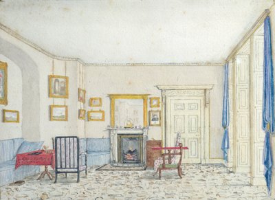 Interiör på Curzon Street, ca 1830 (wc med penna och bläck på papper) av English School