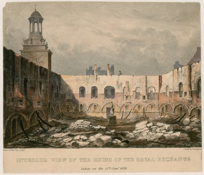 Interiörvy av ruinerna av Royal Exchange, London, tagen den 11 januari 1838 av English School