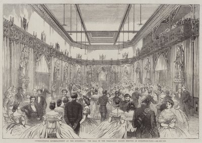 Internationell underhållning i Guildhall, balen i den tillfälliga salongen uppförd i Guildhall-Yard (gravyr) av English School