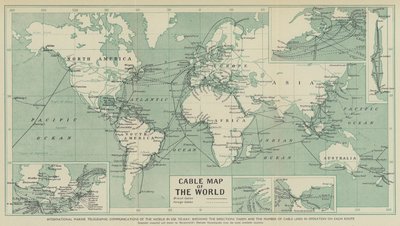 Internationell marin telegrafisk kommunikation i världen som används idag, som visar riktningarna och antalet kabellinjer i drift i varje rutt (litho) av English School