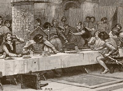 Interrupting Balliols Christmas Dinner, illustration från Cassells Illustrated History of England (sepiafoto) av English School