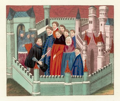Intervju mellan hertigen av Lancaster och kung Richard II (färgad gravyr) av English School