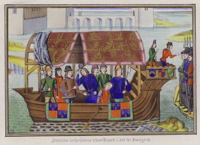 Intervju på Themsen mellan kung Richard II och upprorsmakarna (färgad gravyr) av English School