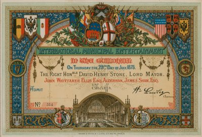 Inbjudan till International Municipal Entertainment i Guildhall, London, den 29 juli 1875 av English School