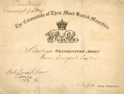 Inbjudan till kröningen av kung William IV och drottning Adelaide av English School