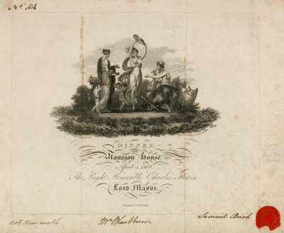 Inbjudan till Lord Mayors-middag på Mansion House, London, 3 april 1809 av English School