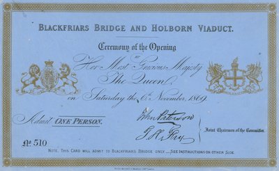 Inbjudan till öppningen av Blackfriars Bridge och Holborn Viaduct av English School