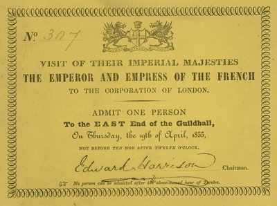 Inbjudan till besöket av deras kejserliga majestäter, fransmännens kejsare och kejsarinna, i Guildhall, London, den 19 april 1855 av English School