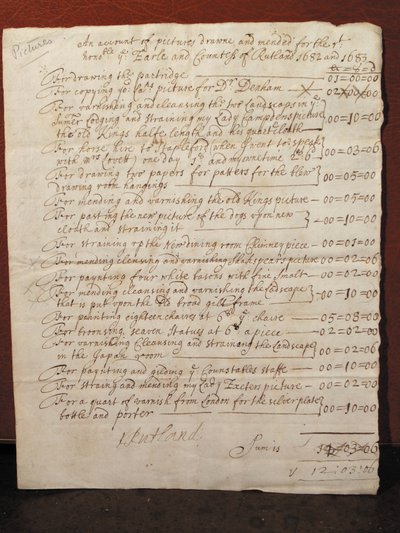 Faktura för rengöring av ett porträtt av William Shakespeare, ca 1682 (bläck på papper) av English School