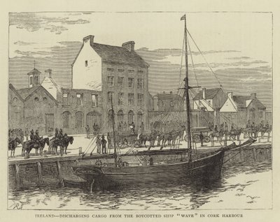 Irland, lossar last från det bojkottade skeppet "Wave" i Cork Harbor (gravyr) av English School