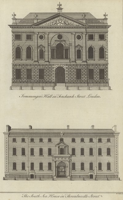 Ironmongers Hall, Fenchurch Street och South Sea House, Threadneedle Street, London av English School