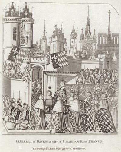 Isabella av Bayern, hustru till Charles K. av Frankrike på väg in i Paris med stor ceremoni av English School