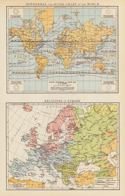 Världskartan över isotermer och vindar; Religioner i Europa (färglitografi) av English School