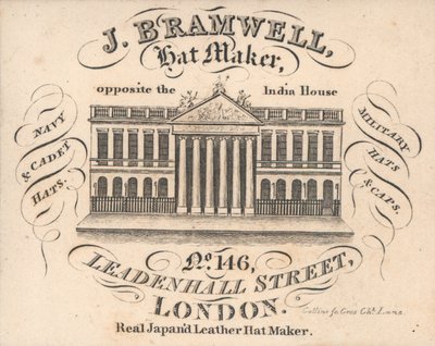 J Branwell, hattmakare, 146 Leadenhall Street, handelskort av English School