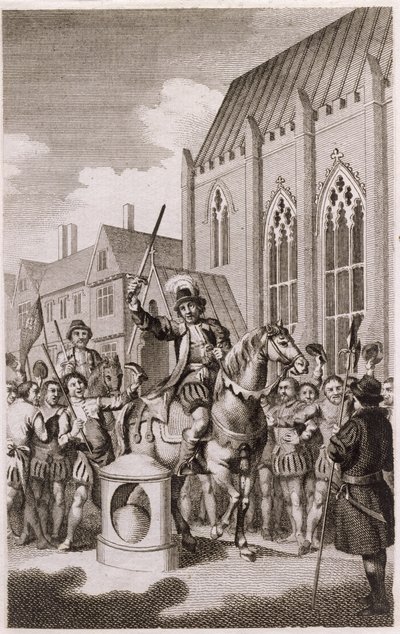 Jack Cades uppror 1450: Case förklarade sig själv som Lord of the City of London vid London Stone, Cannon Street, ca 1770 av English School