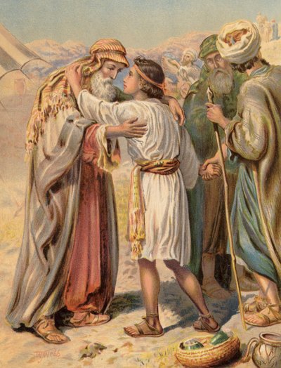 Jakob skiljer sig från Benjamin, Genesis, XLIII (färg litho) av English School