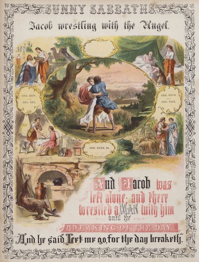 Jakob brottas med ängeln (färgad gravyr) av English School