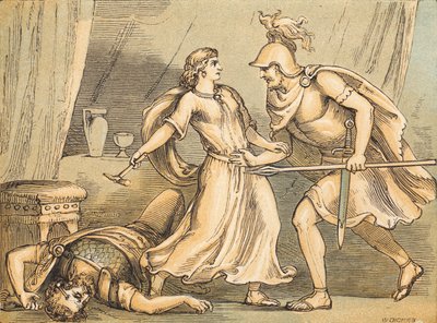 Jael och Sisera (färgad gravyr) av English School