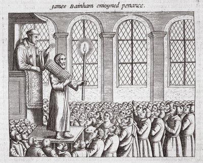 James Bainham njöt av botgöring, illustration från Acts and Monuments av John Foxe, nionde upplagan, pub. 1684 av English School