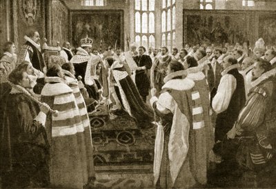 James I investerar sin son Charles som Prince of Wales, 1616, illustration från Hutchinsons Story of the British Nation, c.1923 av English School