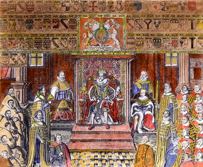 James I av England (1566-1625) vid Court, (gravyr) (senare färgläggning) av English School