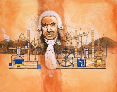 James Watt med ugnar och mekaniska pumpar i bakgrunden av English School
