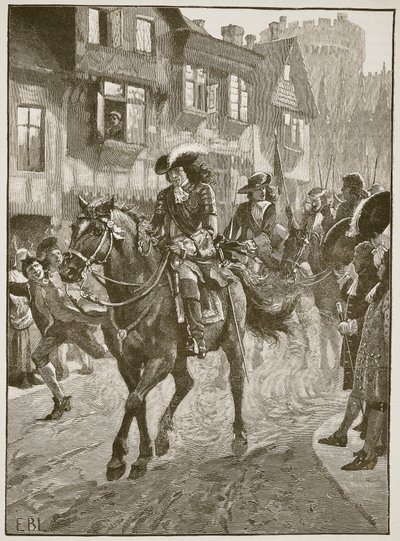 James kommer in i Dublin efter slaget vid Boyne, illustration från Cassells Illustrated History of England (sepiafoto) av English School