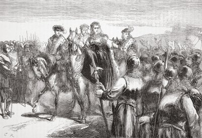 Jeanne DAlbret, drottning av Navarra, talar till hugenottsoldaterna, illustration från The History of Protestantism av James Aitken Wylie (1808-1890), pub. 1878 av English School