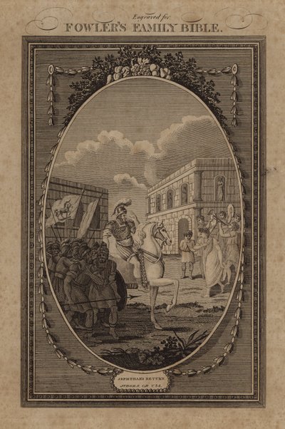 Jeftas återkomst, domare, kapitel 11, vers 34 (gravyr) av English School