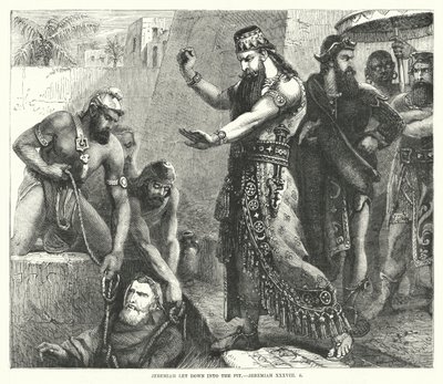 Jeremia släppte ner i gropen, Jeremia XXXVIII, 6 (gravyr) av English School